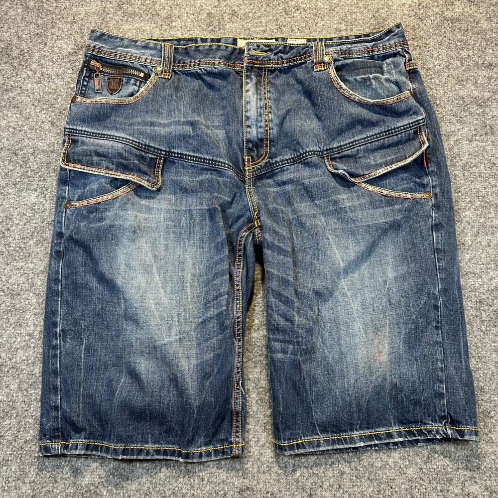 Kanji Denim Cargo Shorts Mens 44 Blue Y2K Streetwear Baggy Embroidered Hip Hop